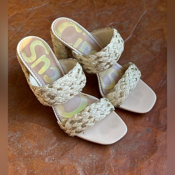 Sam Edelman Circus Cream & Gold Glamorous Woven Block Heeled Sandals Sz 9.5 M - Picture 2 of 8